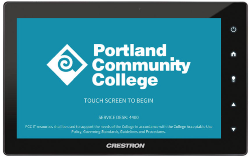 starting screen with PCC logo and text reading touch screen to begin