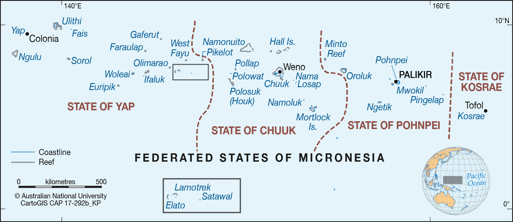 A map of four Island States in the Federated States of Micronesia