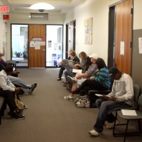 Students wait for the name to be called outside of the Cascade Campus placement testing office the first week of school.