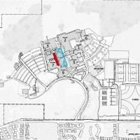 Site plan for proposed 30,000 square foot addition for Building 7 (red area) and upgrades to the adjacent quad (blue area) at Rock Creek Campus. Event will take place in Building 9.