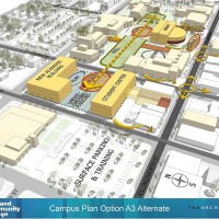 The future layout for the new academic building, student center and underground parking at the Cascade Campus.