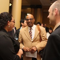 Future Connect student Victoria Rodriguez chats with PCC District President Preston Pulliams just before both gave testimony about their Future Connect experiences.