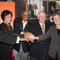 The players in the new pact, left to right, include PSU Director of Student Aid Phillip Rodgers, Warner Pacific President Andrea Cook, PCC District President Preston Pulliams, Oregon State President Edward Ray and PPS Superintendent Carole Smith.