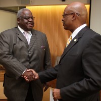 Harold Williams, left, is congratulated by PCC President Preston Pulliams on Williams’ winning the Pacific Region Trustee Leadership Award in 2010