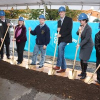 Dignitaries breaking ground at Southeast include (left to right): Jim Harper (PCC Board); Alissa Keny-Guyer (state representative); Michael Dembrow (state representative); Diane Rosenbaum (state senator); Jeremy Selinger (student leader); Jeff merkley (U.S. Senator); Jessica Howard (Southeast president); and David Squire (PCC Board).