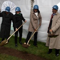 Left to right, Cascade President Algie Gatewood, Cascade Student Leader Esther Forbyn, PCC Board Member Kali Thorne Ladd and College President Preston Pulliams. Campus and college leaders as well as key community partners attended the campus' bond groundbreaking on Tuesday, Dec. 11 at the site of where the new underground parking structure will be built.