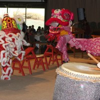 Lion dancers on stools.