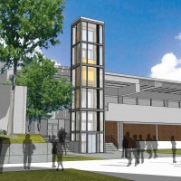 A new glass elevator will be installed at the north end of the College Center building.