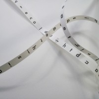 Inge Bruggeman, Reading Conscious Thought (detail), 2013, letterpress, 70 x 19" (framed w/ braided paper hanging from print).