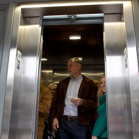 Jeff Triplett, Sylvania's dean of Instruction, squeezed into the brand new lift.