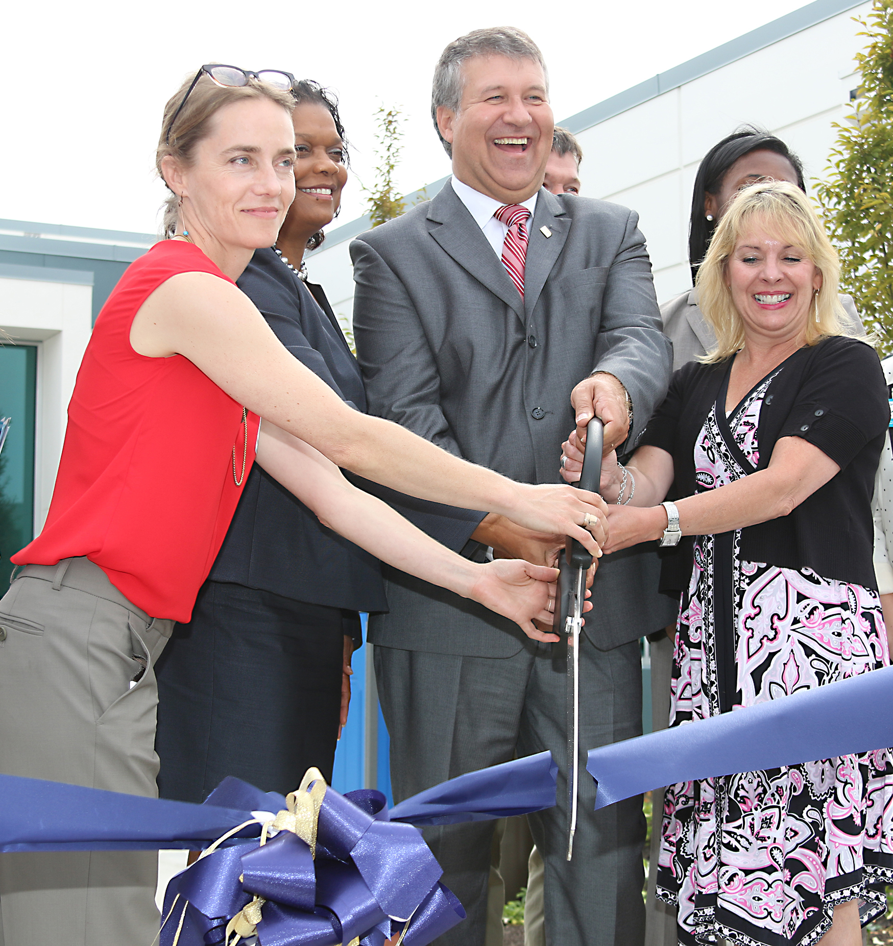 The Swan Island Trades Center ribbon-cutting featured (left to right) Swan Island Business Association Executive Director Sara Angell, Cascade Campus President Karin Edwards, PCC President Jeremy Brown and PCC Board Chair Deanna Palm.