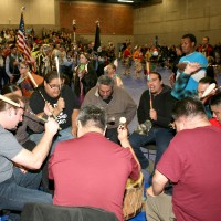 One of many Native drum groups that ushered in the dancers during the PCC powwow's first grand entry.