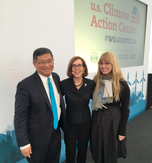 President Mark Mitsui and Sustainability Leader Briar Schoon with Oregon Gov. Kate Brown (center).