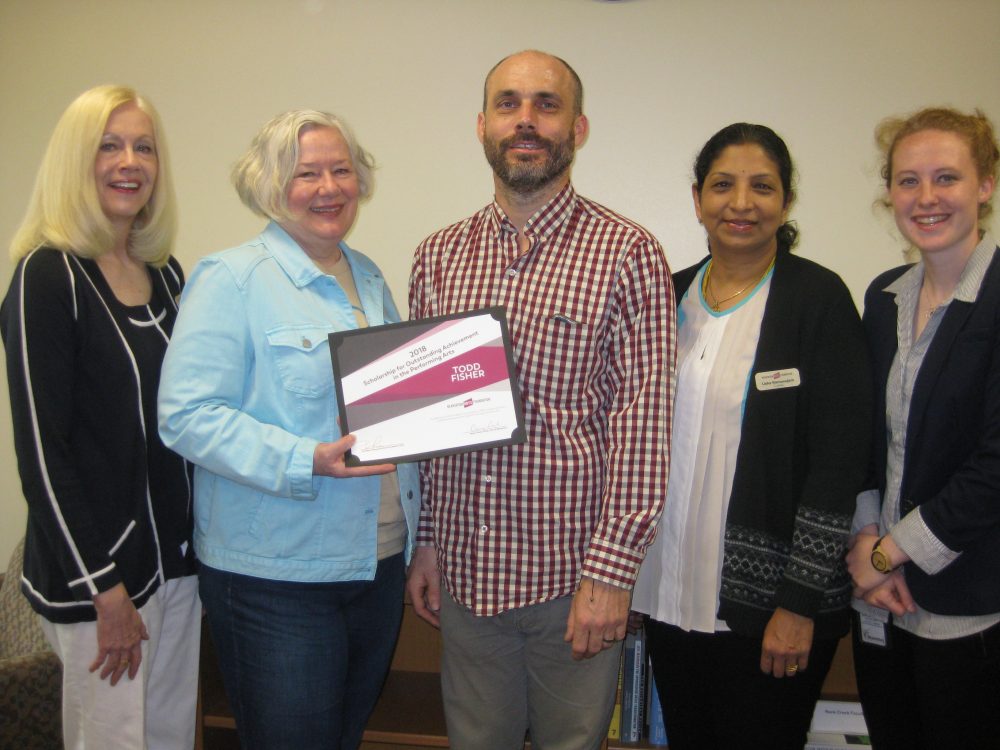 On hand to celebrate the scholarship recognition were (left, Diana Sullivan, Beaverton Arts Foundation (BAF) Trustee and PCC faculty; Campus President Sandra Fowler-Hill; student Todd Fisher; Usha Ramanujam, BAF Trustee and PCC faculty; and Rachael Hershey, BAF Administrator.