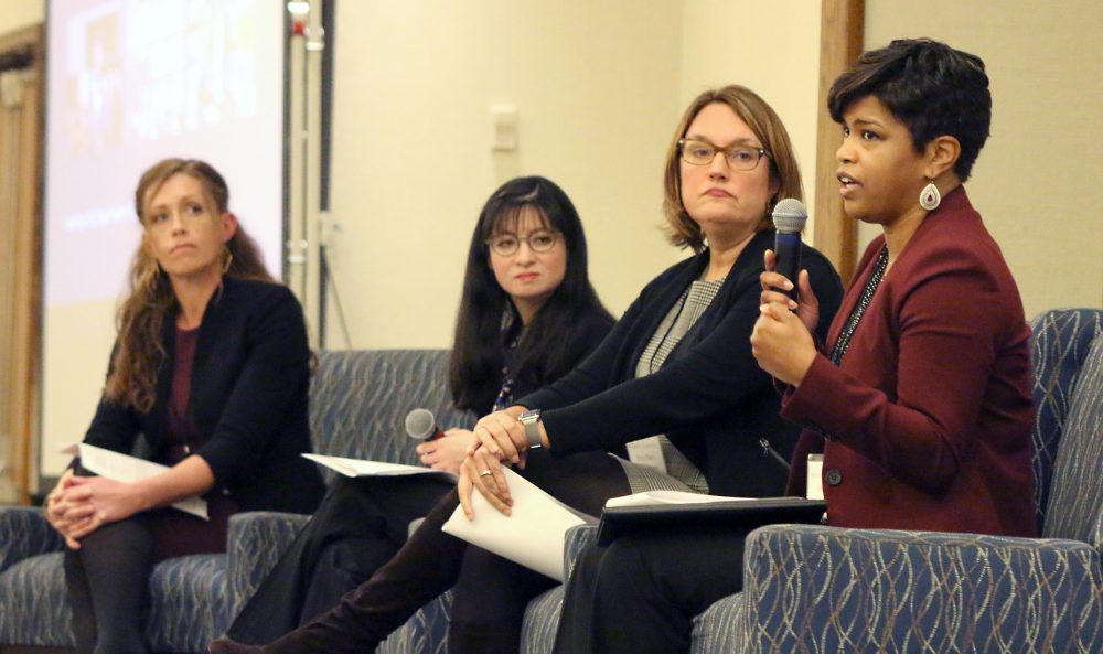 Melissa Johnson of the National Skills Coalition discusses the challenges of closing the opportunity gaps for community college students. From left to right, Kate Kinder (Career Pathways Director), Bri Nguyen (Seattle Jobs Initiative) and Amy Ellen Duke-Benfield (Center for Law and Social Policy) listen.