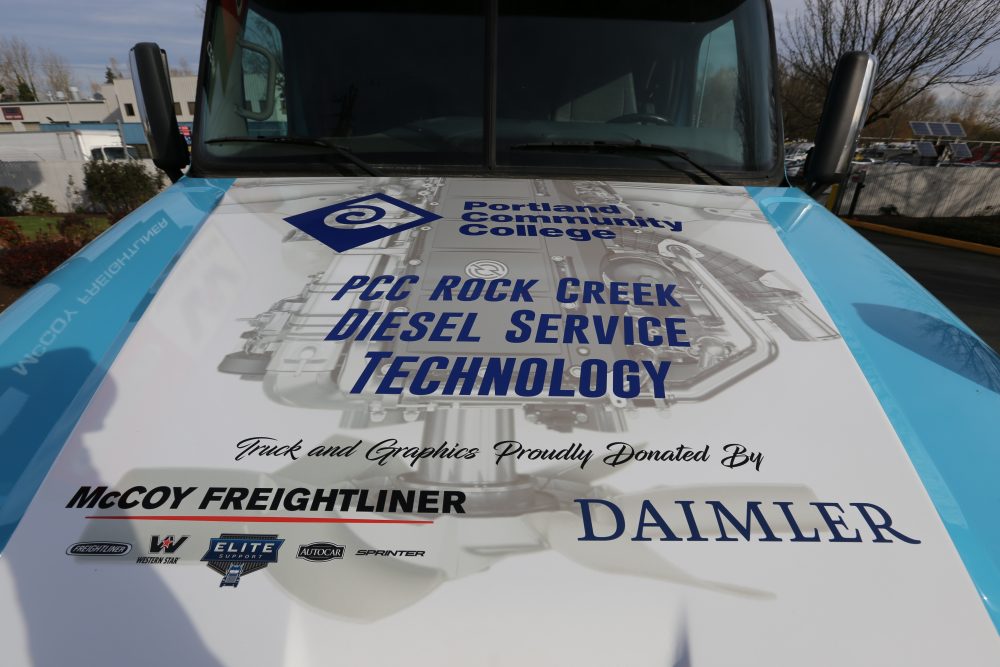 hood of diesel freightliner truck