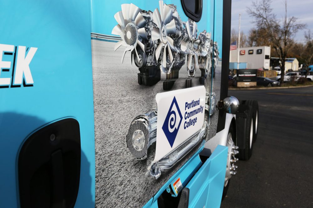 close up view of front view of diesel freightliner truck