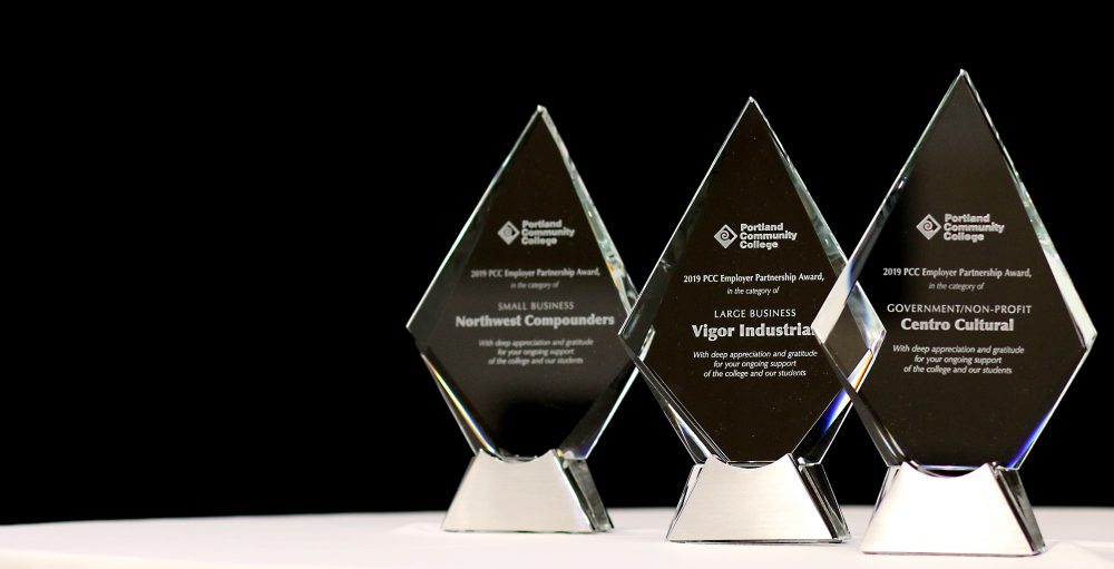 Awards against black backdrop.