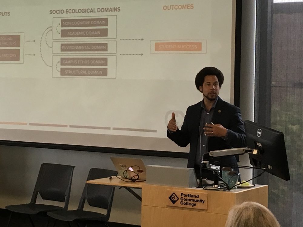 Dr. J. Luke Wood of San Diego State University delivers the keynote address at the recent “Teaching and Supporting Men of Color: Moving From Theory to Practice" event at the Cascade Campus.