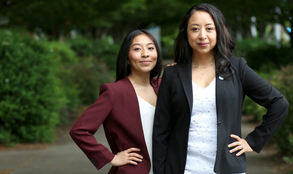 Veyda and Margarita in plain clothes in SE Campus quad.