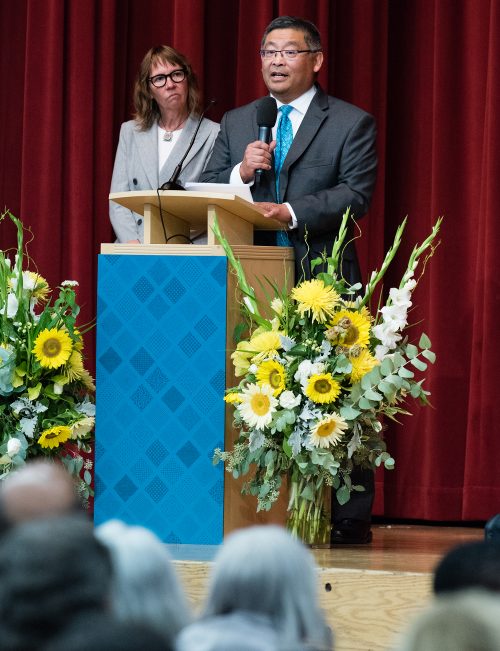 PCC President Mark Mitsui introduces the Justice to the crowd of 1,000 in the Sylvania Campus gym.
