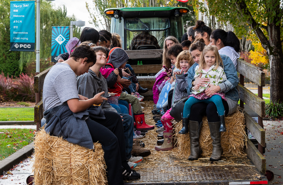 group of people on a hay ride