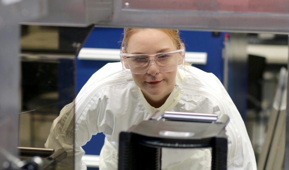 Sarah Teters in the microelectronics lab.