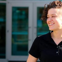 Leslie Smith outside Swan Island Center