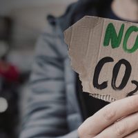 Close-up of a "no CO2" sign written on a ripped-out piece of cardboard
