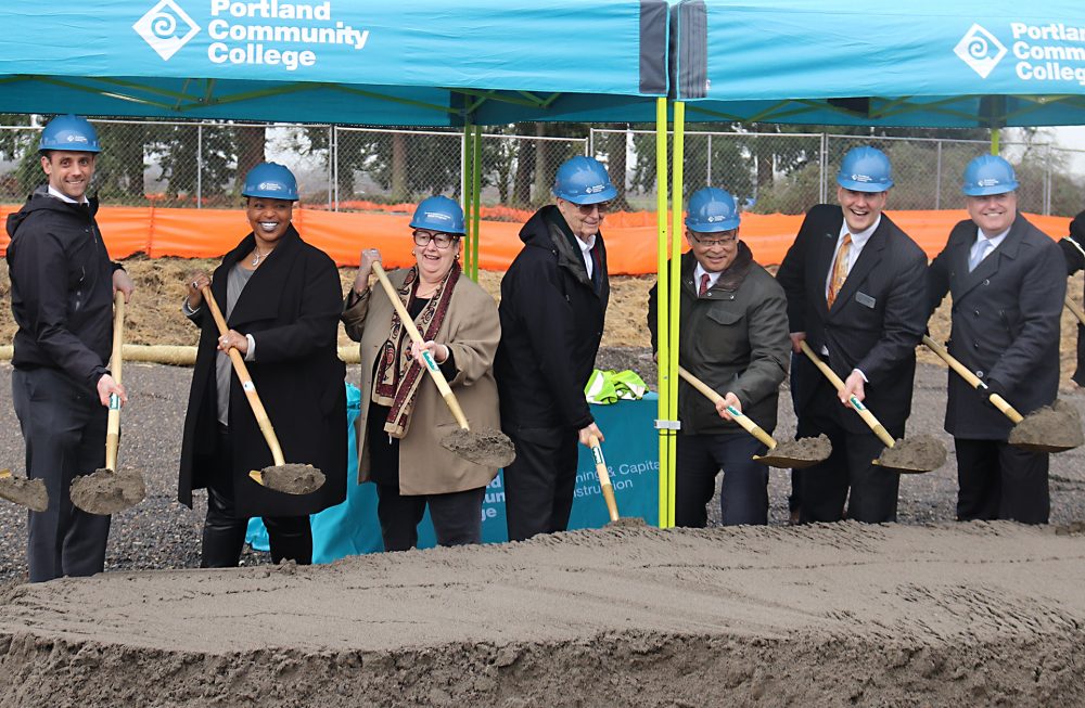 Left to right, PCC OMIC Director Andrew Lattanner, PCC Board Trustee Tiffani Penson, State Sen. Betsy Johnson, PCC Board Chair Jim Harper, PCC President Mark Mitsui, OMIC R&D Executive Director Craig Campbell and Scappoose Mayor Scott Burge.