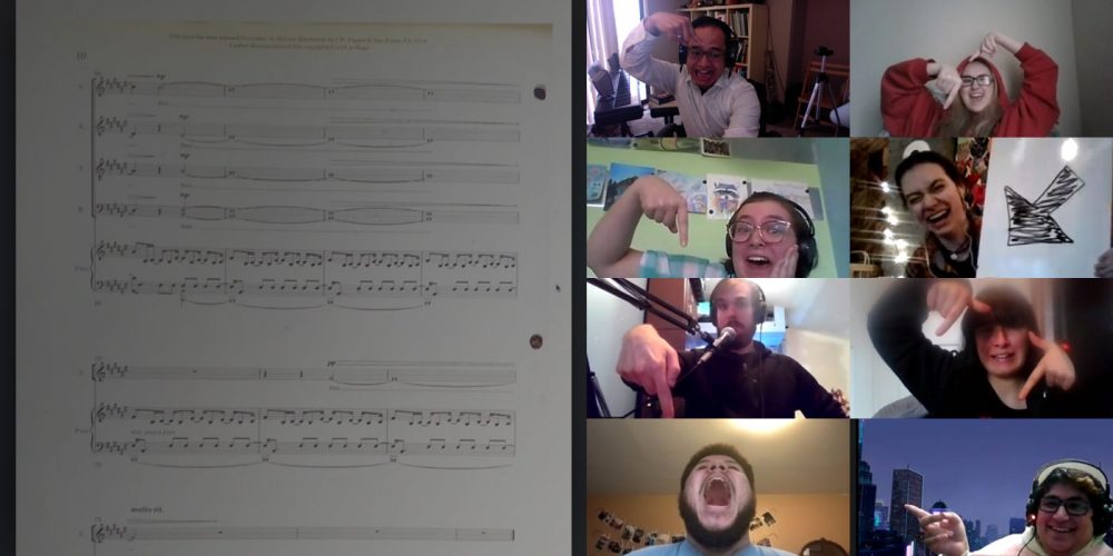 A computer screen showing a grid of students using Zoom during a choir class, with sheet music shown on the left half of the screen