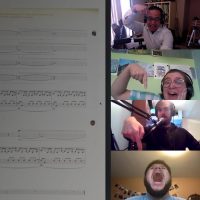 A computer screen showing a grid of students using Zoom during a choir class, with sheet music shown on the left half of the screen