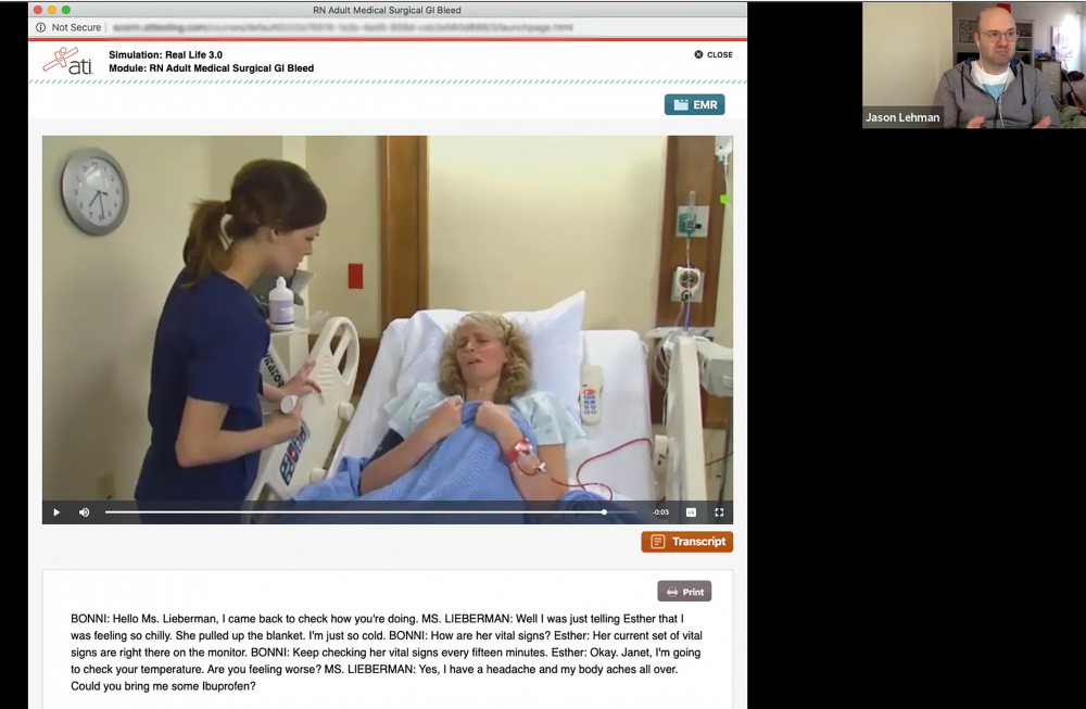 A screen capture of PCC Nursing instructorJason Lehman using the virtual simulation platform.