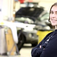 Taylor Berglund in the shop.