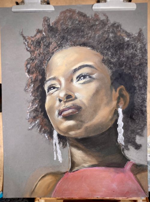 Virlie Paglinawan, “Hope,” 2021, charcoal, pastel and white ink on paper, 24” x 20”