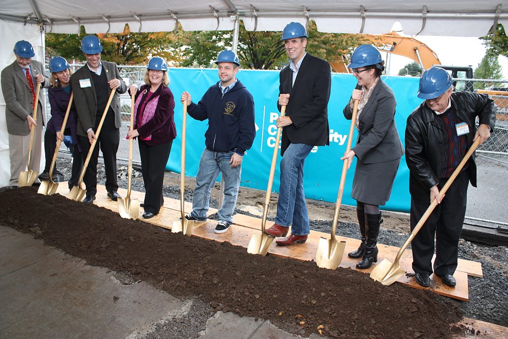 Dignitaries breaking ground included (left to right) Jim Harper (PCC Board), Alissa Keny-Guyer (state representative), Michael Dembrow (state representative), Diane Rosenbaum (state senator), Jeremy Selinger (student leader), Jeff Merkley (U.S. Senator), Jessica Howard (Southeast president), and David Squire (PCC Board).