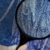 Up-close view of one of Sienna Cenere's pieces of art, with details shown through a magnifying glass