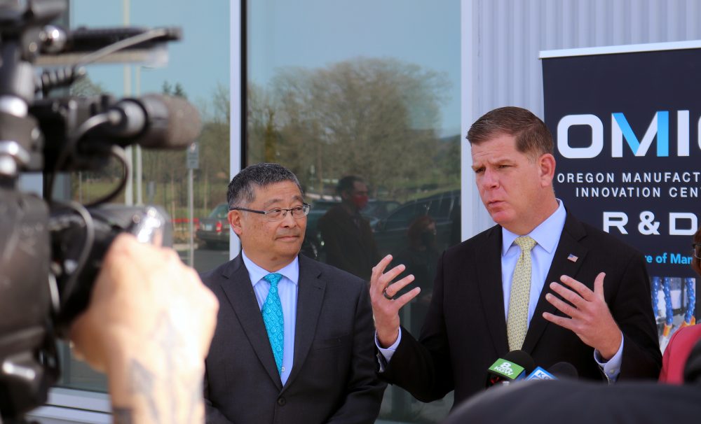U.S. Secretary of Labor Marty Walsh with PCC President Mark Mitsui talks to the media about what they learned on the PCC tour.
