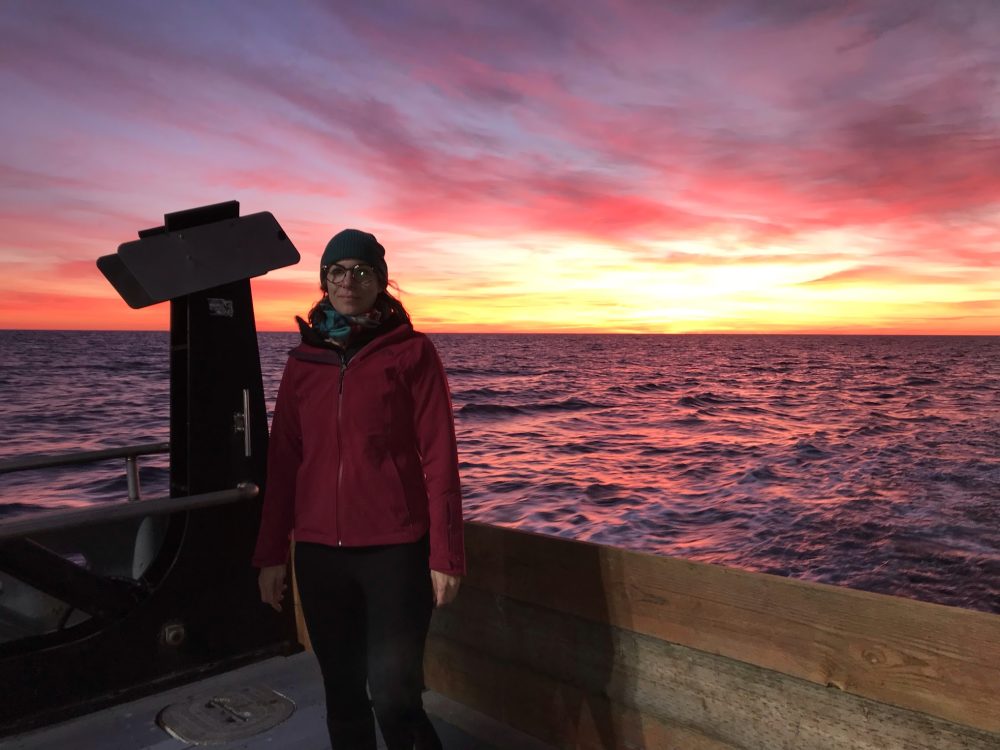 woman standing on the deck of a boat at sea at sunset