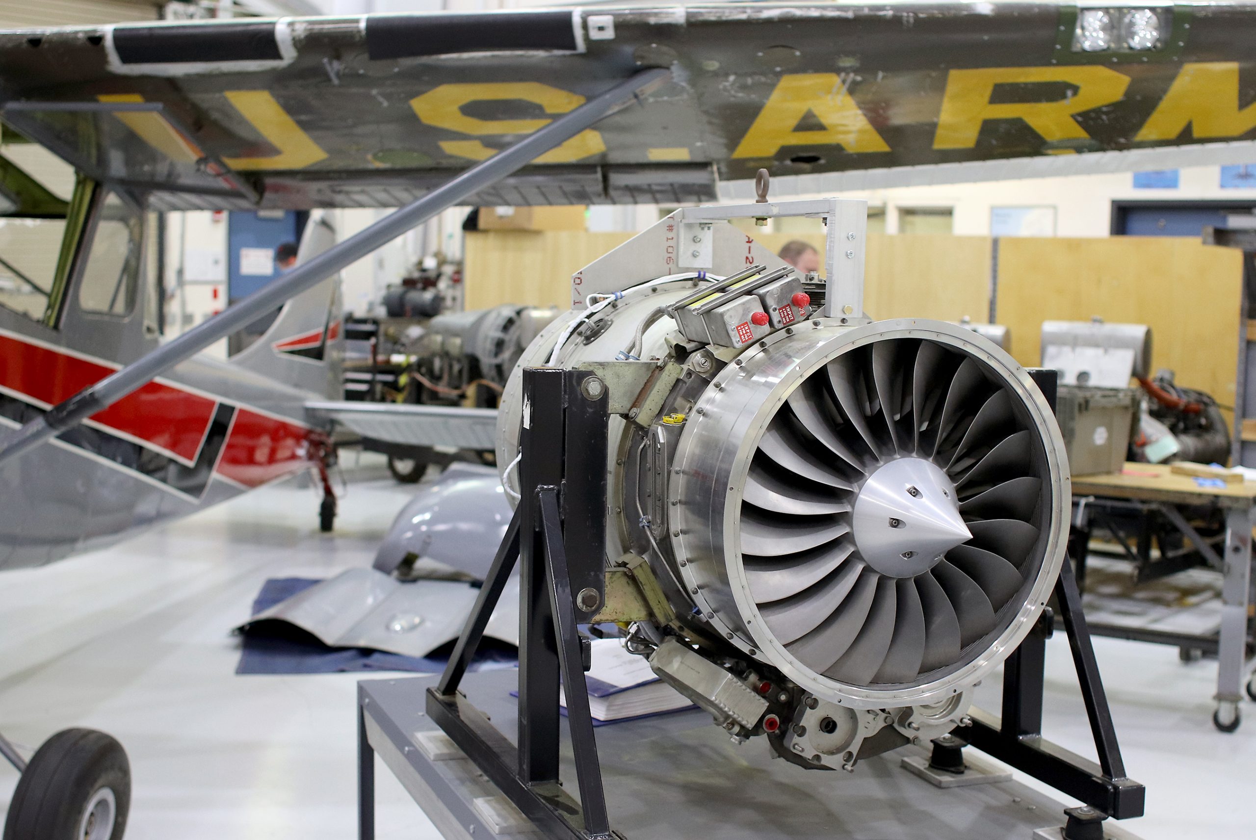 airplane engine in hangar.