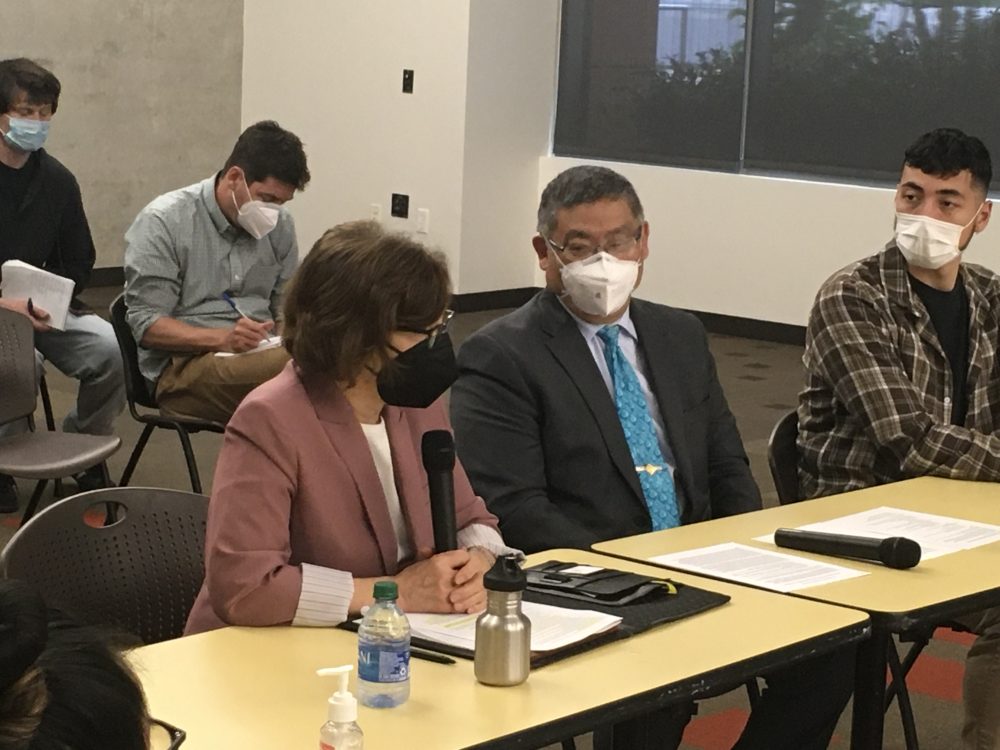 U.S. Rep. Suzanne Bonamici, left, and PCC President Mark Mitsui take part in the roundtable discussion.