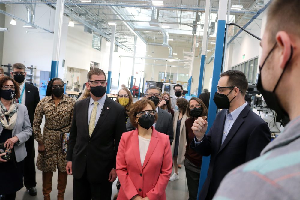 Congresswoman Suzanne Bonamici and Labor Secretary Marty Walsh tour PCC's advanced manufacturing education hub -- the OMIC Training Center.