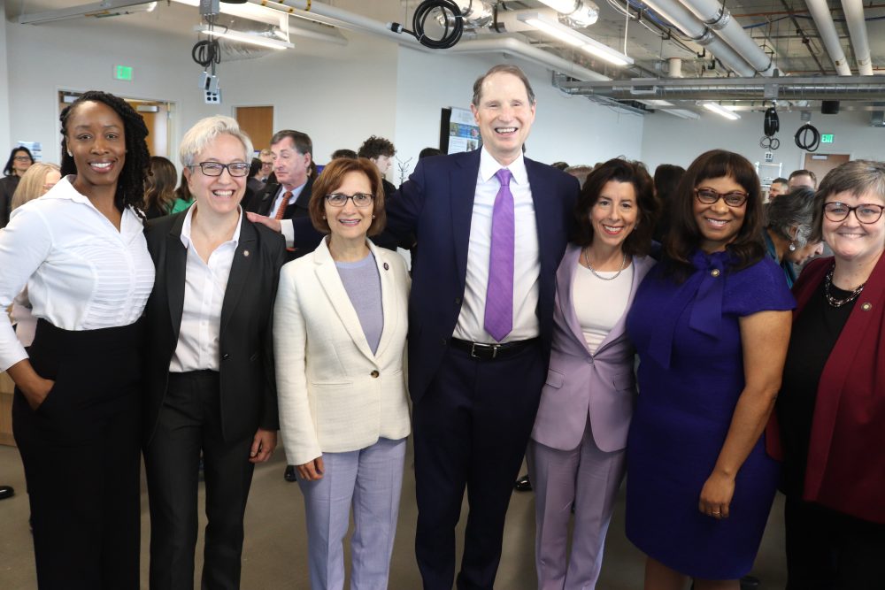 U.S. Secretary of Commerce Gina Raimondo (center in purple) with, from left, PCC President Adrien Bennings, Oregon Governor Tina Kotek, Congresswoman Suzanne Bonamici, U.S. Senator Ron Wyden, State Rep. Janelle Bynum and State Sen. Janeen Sollman.