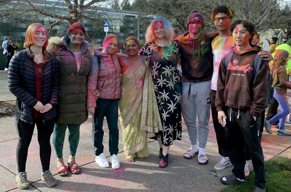 Payal Roy with group of students during Holi.