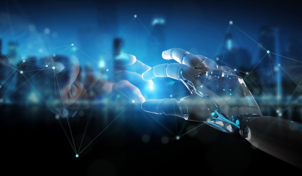 Robot hand and human hand touching digital graph interface 3D rendering