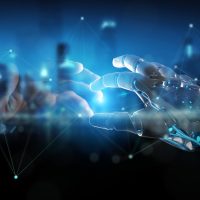 Robot hand and human hand touching digital graph interface 3D rendering