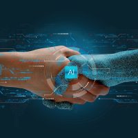 Humans shake hands with AI to show partnership. Machine learning to enable and work together to achieve greater innovation and success.