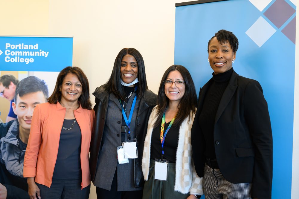 Left to right, Susheela Jayapal, Multnomah County Commissioner, Tracey Wells (Education and Training Specialist); Nahlee Suvanvej; and Dr. Adrien Bennings (PCC President).