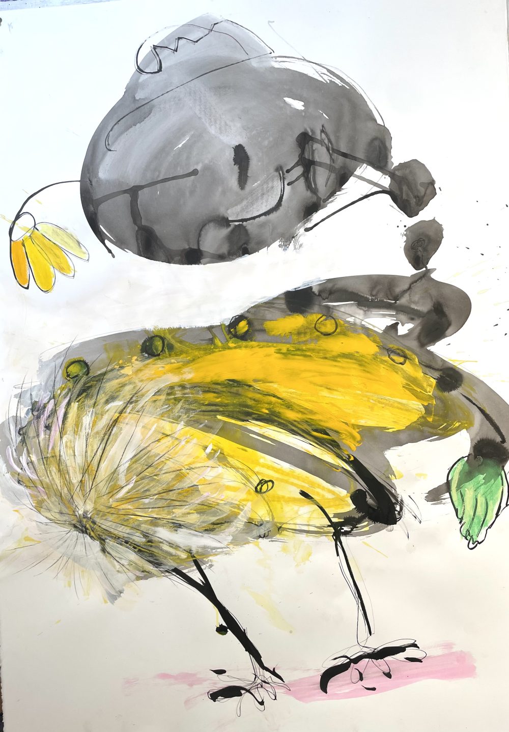 Abstract painting in yellow and gray.