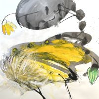 Abstract painting in yellow and gray.